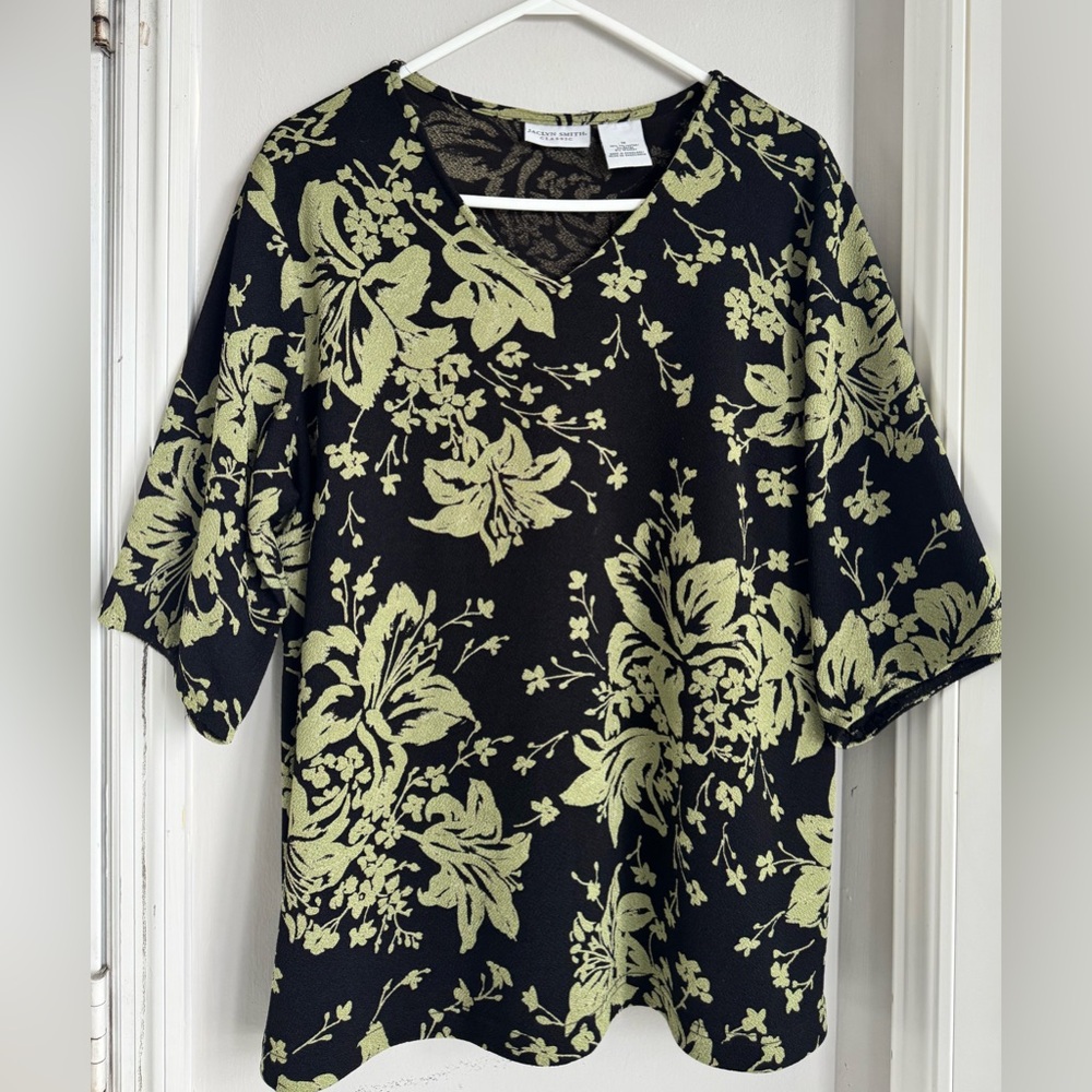 Jaclyn Smith Classic Black and Green Floral Blouse, Size 1X.